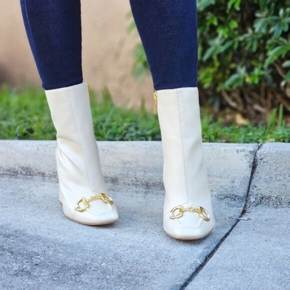 Women Square Toe Chain Bit Buckle Block Heel Bootie White Color - Picture 4 of 7